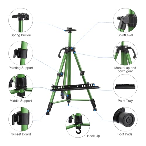 PATIKIL Artist Easel Stand, Paint Easel for Canvas Painting with Detachable Tray, Metal Tripod Easel Adjustable Height from 20 to 61 Inch for Table-Top/Floor Painting Drawing, Green - color: Green