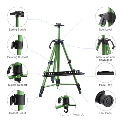 PATIKIL Artist Easel Stand, Paint Easel for Canvas Painting with Detachable Tray, Metal Tripod Easel Adjustable Height from 20 to 61 Inch for Table-Top/Floor Painting Drawing, Green - color: Green