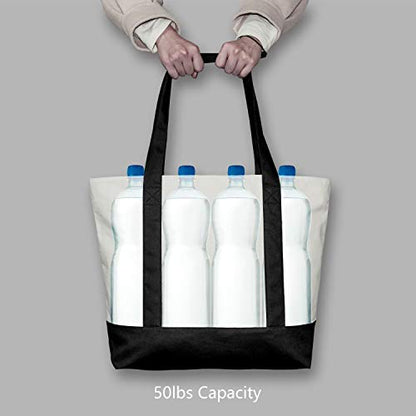 TOPDesign 1 | 3 | 6 | 30 Pack Canvas Tote Bag with an External Pocket, Reusable Grocery Shopping Bag, Top Zipper Closure, Daily Essentials (Black/Natural Pack of 1) - color: Black/Natural
