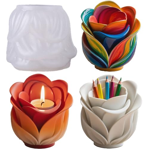 3D Rose Epoxy Resin Molds Silicone, Flower Candle Holder Molds | Durable Rose Flower Planters Silicone Molds for Casting, Concrete, Succulent, Pen Holders, Home Decor, Art Crafts, Flexible - color: Rose Resin Mold