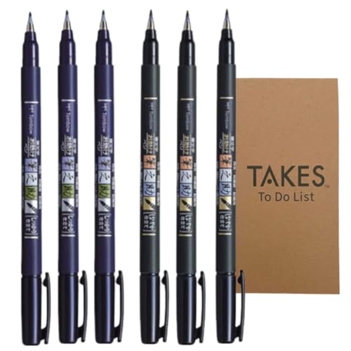 Fudenosuke Brush Pen Black x6-pen pack, with Takes To Do List Notepad - Calligraphy Pens for Writing and Art Drawings (3x Soft + 3x Hard) - style: 3x Soft + 3x Hard