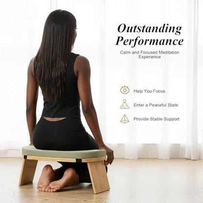 Meditation Bench Foldable & Ergonomic, Kneeling Meditation Stool with 5° Forward Tilt & 400lbs Capacity, Bamboo Meditation Stool with Detachable Velvet Cushion forYoga Prayer (Green) - color: Green