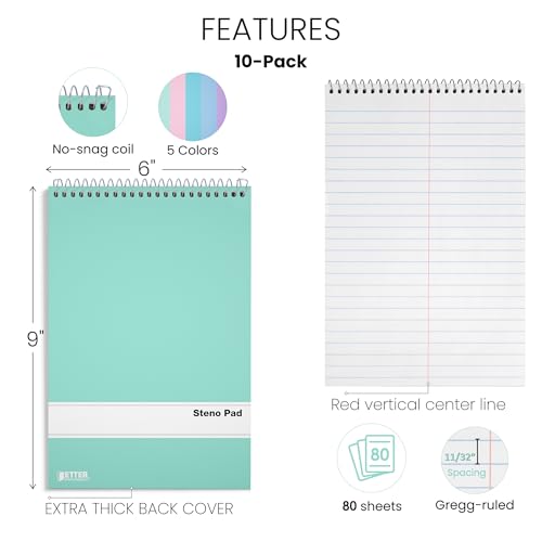 Better Office Products Steno Pads Spiral 6x9, 10 Pack, Gregg Ruled, 80 Sheets, Assorted Pastel Covers, Steno Notebooks Top Spiral for Note Taking