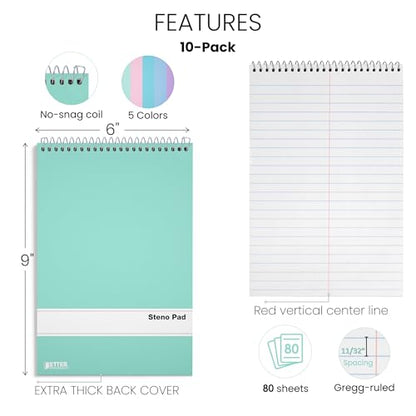 Better Office Products Steno Pads Spiral 6x9, 10 Pack, Gregg Ruled, 80 Sheets, Assorted Pastel Covers, Steno Notebooks Top Spiral for Note Taking