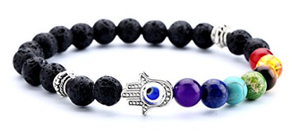 Men Women 8mm Lava Rock 7 Chakra Beads Chakra Bracelet - color: Hamsa hand