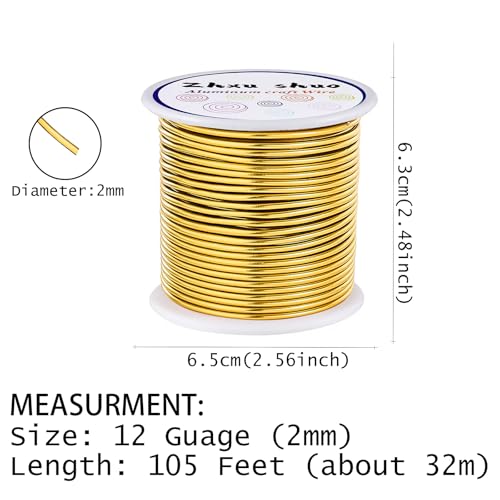 12 Gauge(2mm) Aluminum Wire 35 Yards Anodized Metal Wire for Bonsai Armature Crafting Sculpting Jewelry Craft Making Beading Floral (Gold, 12 Gauge) - color: Gold