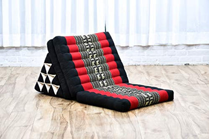 Leewadee - Comfortable Japanese Floor Mattress - Thai Floor Bed with Triangle Cushion - Futon Mattress - Thai Massage Mat, 67 x 21 inches, Black Red, Kapok Filling | Floor & lounge cushion for relaxing, reading & TV - for meditation & yoga, firm & stable