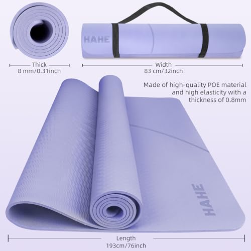 Large Yoga Mat Thick, 76"x32"x0.31"Wide POE Exercise Mat with Non-Slip Surface & Carry Strap, Anti-Tear Workout Mat for Yoga, Pilates, Fitness - color: light purple