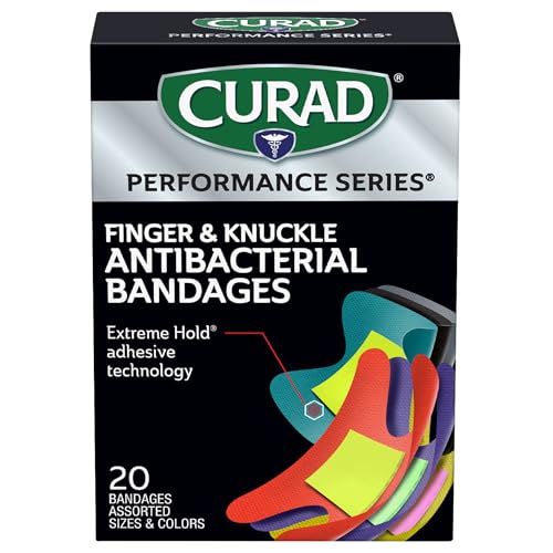 CURAD Performance Series Antibacterial Bandages, Extreme Hold Adhesive Technology, Finger & Knuckle Bandages, Flexible Fabric, Variety Pack with Assorted Sizes & Colors, 20 Count (Pack of 24) - size: 20 Count (Pack of 24)