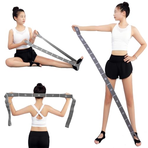 Elastic Stretching Strap with 11 Loops, Adjustable Stretch Band for Adults - Flexibility Straps for Yoga, Pilates, Dance - Non-Slip Fabric Resistance Band for Home Workout, Physical Therapy - color: Grey