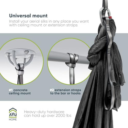 AyuHome Aerial Silks Yoga Swing Aerial Hammock Kit for Home - color: Aerial silk - Black