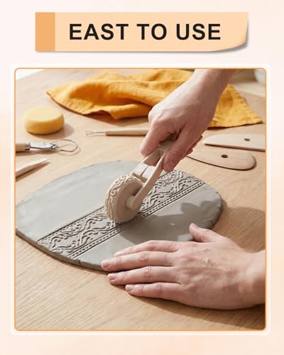 eZAKKA 6pcs Clay Texture Rollers with Handle,Pottery Ceramic Pattern Wheels | Smooth Deburred Patterning Stamps for Dough, Baking & Crafting DIY Embossing Kit - size: 6+1