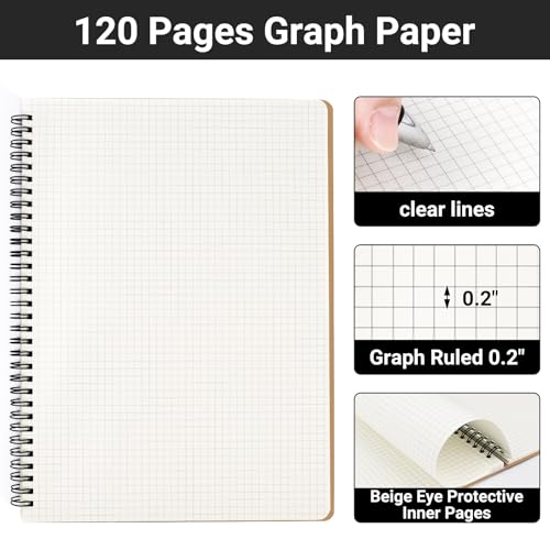 EUSOAR Graph Notebook Spiral, A4 3Packs 8.5"x11" 120 Pages Graphing Notebook, Hardcover Spiral Grid Graph Paper Notebook Composition for Math Science Engineering Artist Drawing-Kraft - color: Kraft, size: A4