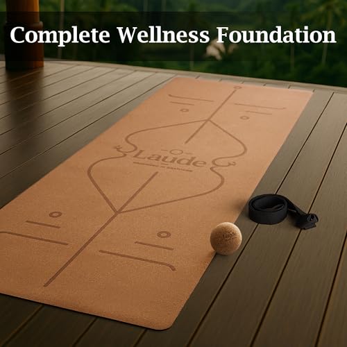 Laude Cork Yoga Mat + Ball Set – Sustainable Non Slip Yoga Mat with Strap – Thick Yoga Mat, Pilates Mat Thick & Workout Mat – Eco-Friendly Cork & Rubber Mat with Alignment Lines, Superior Grip, Sweat-Resistant & Durable 72"x26"