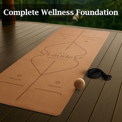 Laude Cork Yoga Mat + Ball Set – Sustainable Non Slip Yoga Mat with Strap – Thick Yoga Mat, Pilates Mat Thick & Workout Mat – Eco-Friendly Cork & Rubber Mat with Alignment Lines, Superior Grip, Sweat-Resistant & Durable 72"x26"