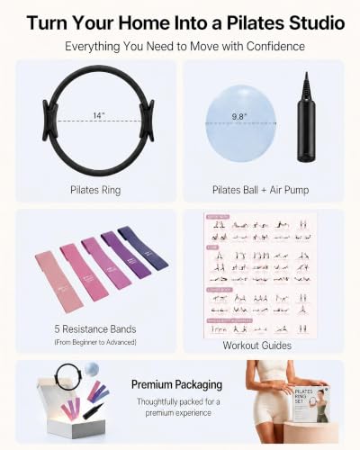 PAETA Pilates Ring Set – 14” Magic Circle (38 lbs Resistance), 9.8” Pilates Ball, 5 Resistance Bands, and Exercise Guide Included for Home Workouts - color: black
