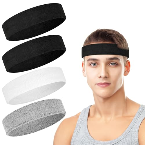 4 Pack Cotton Terry Sweat Headbands for Men Women Running Gym - color: Black/Gray/White