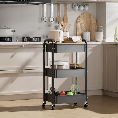 3-Tier Rolling Cart with Table Top, Metal Utility Cart on Wheels | Sturdy Storage Organizer Cart with Lockable Wheels&Hooks for Craft, Office, Classroom, Kitchen and Bathroom, Black - color: Black