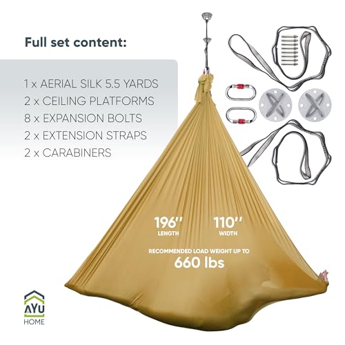 AyuHome Aerial Silks Yoga Swing Aerial Hammock Kit for Home | Premium aerial silks yoga swing kit with rigging hardware for aerial yoga, gymnastics, and home fitness - color: Aerial silk - Gold - New