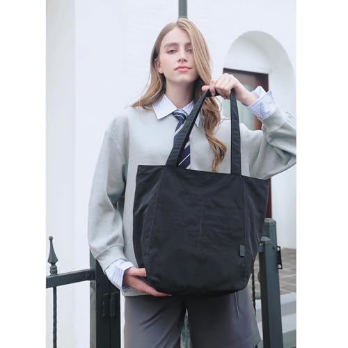 Barsine Tote Bag for Women Unisex Lightweight Nylon Totes Purses and Handbags Large Casual Shoulder Hobo for Travel Gym - color: Black