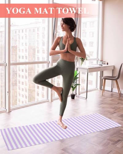 Purple White Stripe Yoga Towel for Hot Yoga Non Slip, Modern Minimalist Geometric Striped Yoga Mat Towel Absorbent Yoga Sweat Towels Microfiber Hot Yoga Blanket for Bikram Pilates Fitness 26"x70" - color: Plum, size: 26x70in