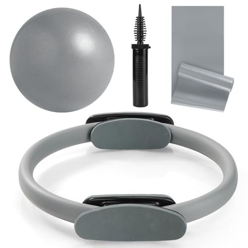 Tsikavo Pilates Ring, Pilates Ring Circle and Ball Set, 12 Inch Magic Circle Pilates Ring,9 Inch Small Exercise Ball,Resistance Bands Set, Home Pilates Equipment for Women - color: Gray
