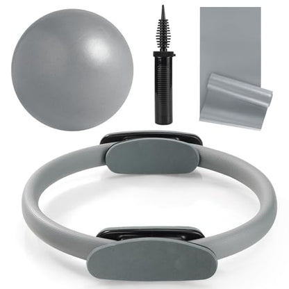 Tsikavo Pilates Ring, Pilates Ring Circle and Ball Set, 12 Inch Magic Circle Pilates Ring,9 Inch Small Exercise Ball,Resistance Bands Set, Home Pilates Equipment for Women - color: Gray