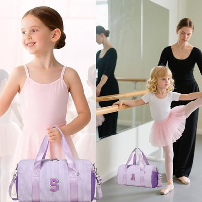 Dance Bag for Girls 4-6, Personalized Initial Dance Bag,Small Gym Sport Yoga Dance Bags Gift for Girls,Letter Kid Weekender Ballet Bags,Toddler Travel Duffle Tote with Adjustable Straps(Purple-s) - color: Purple, style: S