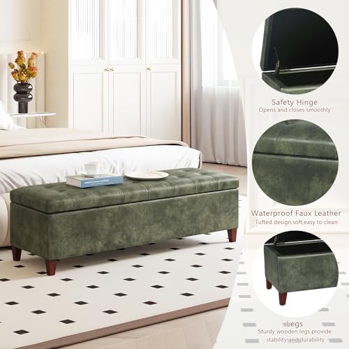 Joveco Storage Ottoman Bench, 51 Inch Tufted Leather Rectangle Bench for End Foot of Bed, Bedroom, Living Room, Deep Green - color: 51", Deep Green