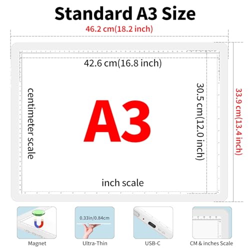 Phylosal Magnetic A3 Light Pad, Super Bright Light Box with Side Button, Diamond Art Light Board, Lightbox for Tracing and Drawing, USB Power Artcraft Light Table for Sketching, Weeding Vinyl (White) - color: White, size: A3 without Handbag