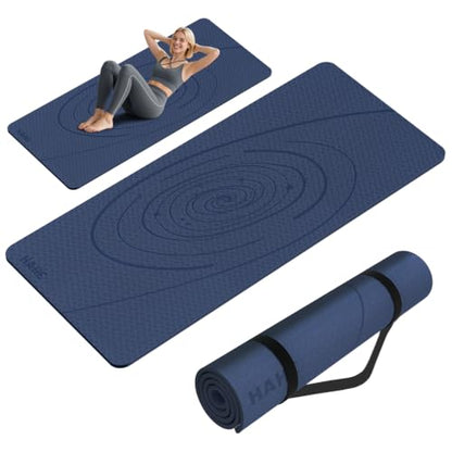 Large Yoga Mat Thick, 76"x32"x0.31"Wide POE Exercise Mat with Non-Slip Surface & Carry Strap, Anti-Tear Workout Mat for Yoga, Pilates, Fitness - color: Navy Blue