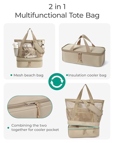 BAGSMART Beach Bag for Women, Mesh Tote Bags with Zipper, Sandproof Vacation Essentials with Cooler for Swim Cruise Pool - color: Beige