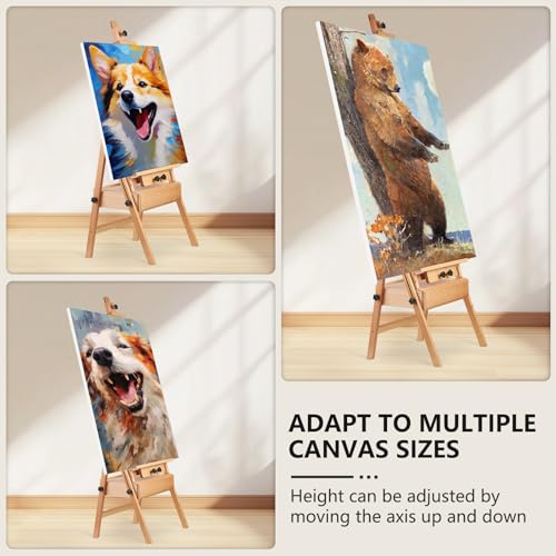 YOKUGO Beech Wood H-Frame Painting Easel with Storage Drawer, Natural | Heavy-duty Studio Easel, Adjustable Height & Angle Floor Easel Stand, Holds 30"-50" Canvas, Foldable Artist Easel for Adults - color: Natural