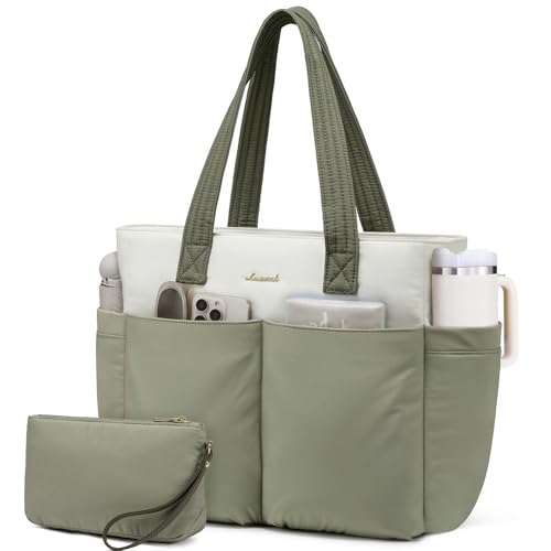 LOVEVOOK Puffer Laptop Bag for Women, Ultra-Lightweight Work Bag Tote w/Organized Compartments, 15.6/17.3“, for Travel&Work - color: Green/Beige, size: 15.6 Inch