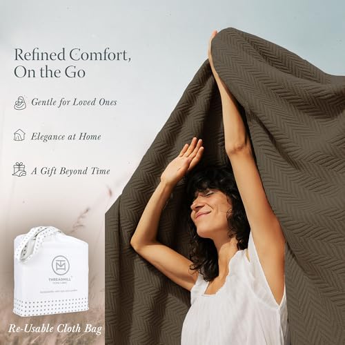 Threadmill Luxury 100% Cotton Queen Herringbone Blanket, Espresso - color: Espresso, size: Queen (90" x 92")