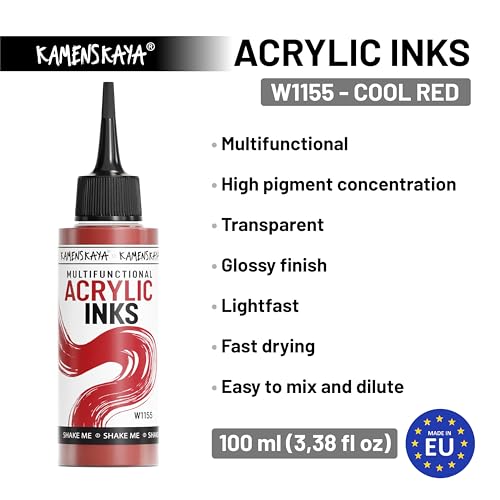 KAMENSKAYA Acrylic Inks for Artists - Cool Red Acrylic Ink, 3.38 Fl Oz (100 ml) | Highly Concentrated, Multifunctional Liquid Acrylic Paint - color: Cool Red