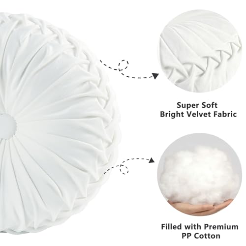 HIG Set of 2 Off White Velvet Decorative Round Pleated Throw Pillows - color: Off White