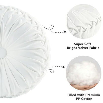 HIG Set of 2 Off White Velvet Decorative Round Pleated Throw Pillows - color: Off White