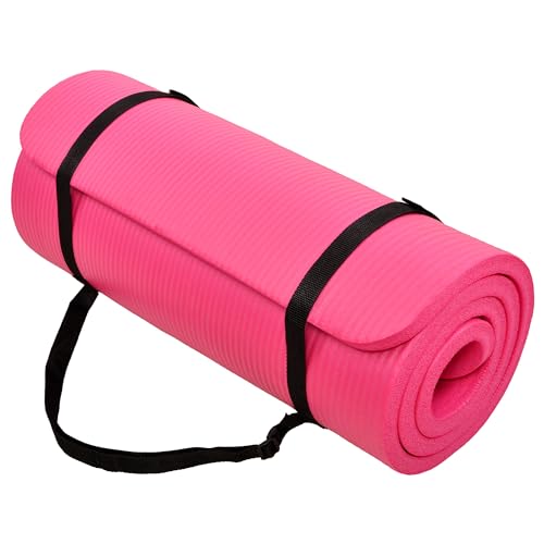 Fitvids 1-Inch Extra Thick High Density Anti-Tear Exercise Yoga Mat with Carrying Strap, Pink | Extra Thick Anti-Tear Non-Slip Design with Carrying Strap for Exercise, Fitness & Home Gym Workouts