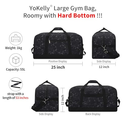 55L Mens Duffle Bag for Travel - 25 inch Sports Duffel Bag with Hard Bottom - Marble Black - color: Marble Black