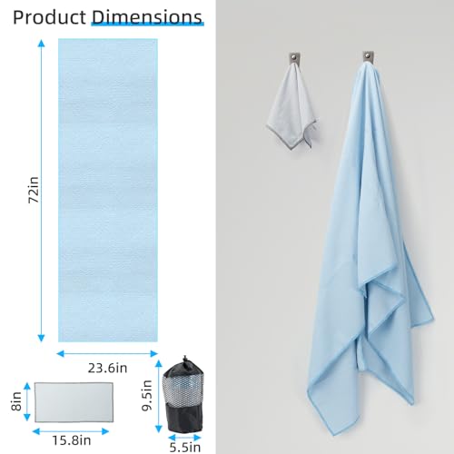 YESLIFE Non-Slip Yoga Towel, 72"x24", Blue | Microfiber yoga mat towel, grip dots, sweat absorbent, hot yoga Pilates workout, includes sweat towel, Blue - color: Light Blue