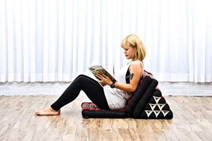 Leewadee - Comfortable Japanese Floor Mattress - Thai Floor Bed with Triangle Cushion - Futon Mattress - Thai Massage Mat, 67 x 21 inches, Black Red, Kapok Filling | Floor & lounge cushion for relaxing, reading & TV - for meditation & yoga, firm & stable