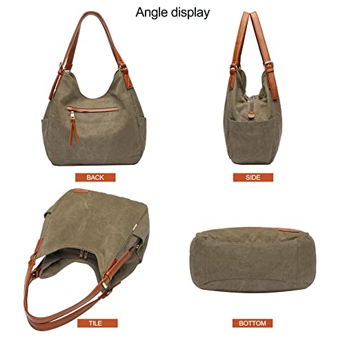 Worldlyda Women Canvas Hobo Purse Multi Pocket Tote Shopper Shoulder Bag Casual Top Handle handbag with Embroidery Ethnic - color: Be06army Green