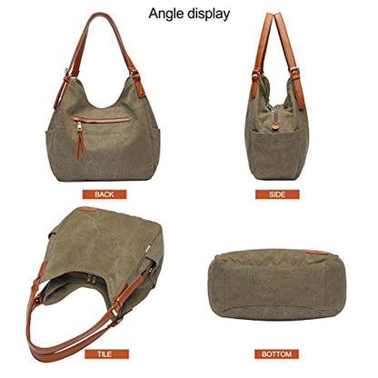 Worldlyda Women Canvas Hobo Purse Multi Pocket Tote Shopper Shoulder Bag Casual Top Handle handbag with Embroidery Ethnic - color: Be06army Green