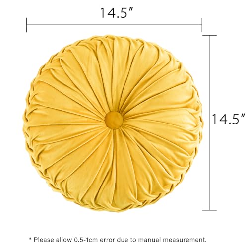 HIG Set of 2 Yellow Velvet Decorative Round Pleated Throw Pillows - color: Yellow