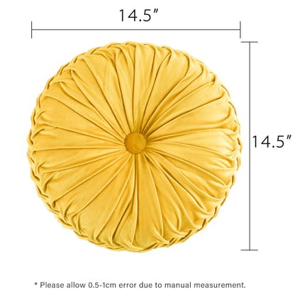 HIG Set of 2 Yellow Velvet Decorative Round Pleated Throw Pillows - color: Yellow