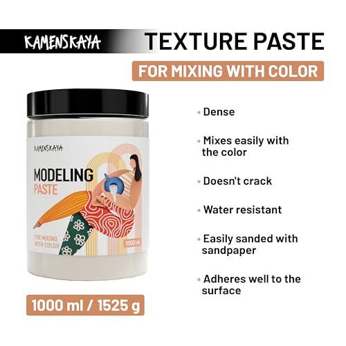 KAMENSKAYA Modeling Paste 33.8 oz / 1000 ml – Non-Cracking Acrylic Texture Paste for Canvas, High Density Medium for Acrylic Painting, Impasto & 3D Textured Art, Made in EU - color: Natural, size: 33.8 Fl Oz (Pack of 1)