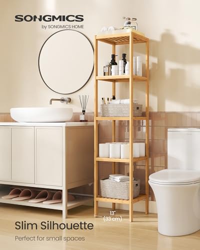 SONGMICS 5-Tier Bamboo Shelf, Freestanding Bathroom Storage Rack - color: Light Bamboo, size: 5 Tiers (13"D x 13"W x 57.5"H)