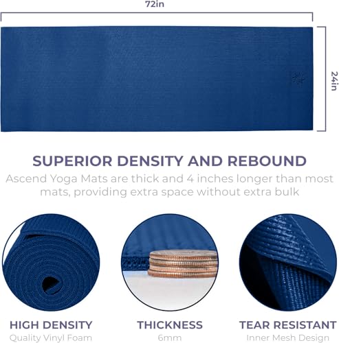 Ascend 6mm Thick Yoga Mat, 72x24in - color: Dark Blue - Solid