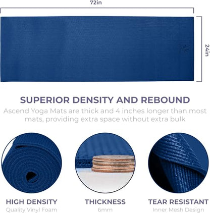 Ascend 6mm Thick Yoga Mat, 72x24in - color: Dark Blue - Solid